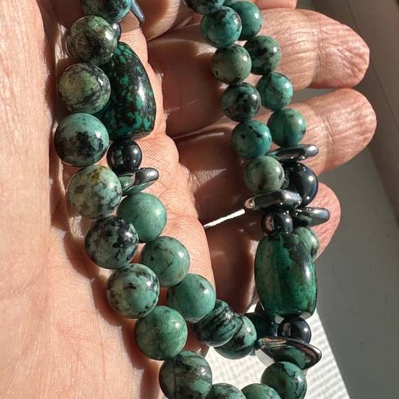 AFRICAN TURQUOISE + HEMATITE NATURAL STONES BRACELET SZ 7” set - Picture 10 of 10